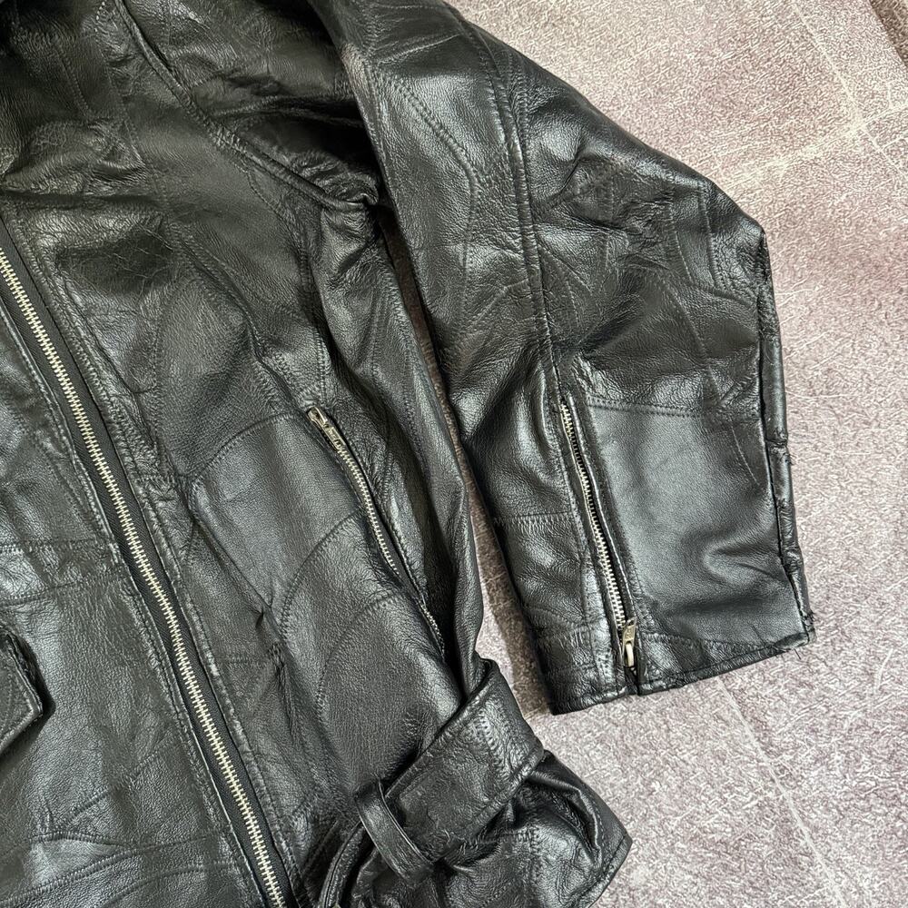 Women's Vintage 90's Black Leather Patchwork Eagle Zip Up Motorcycle Jacket Sz L - Picture 2 of 5